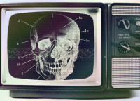 Graphic with a scary skull in a TV set
