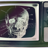 Graphic with a scary skull in a TV set